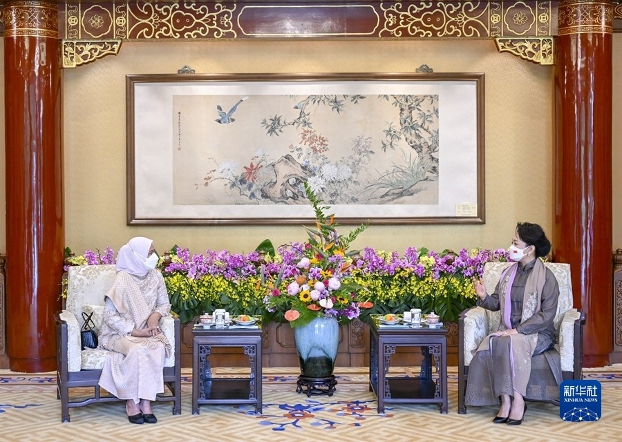 7月26日，国家主席习近平夫人彭丽媛在北京会见印尼总统佐科夫人伊莉亚娜。 新华社记者 谢环驰 摄